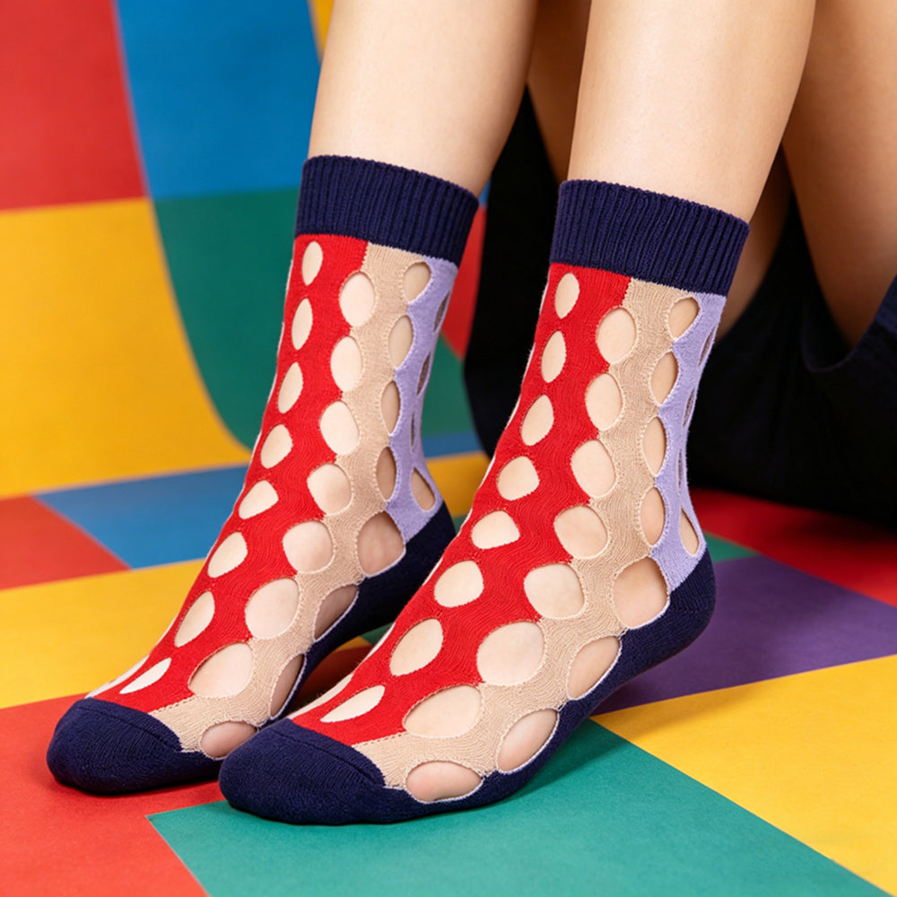 1 Pair Hipster cut-out striped socks with stacked designs - super stylish women's mid-length socks