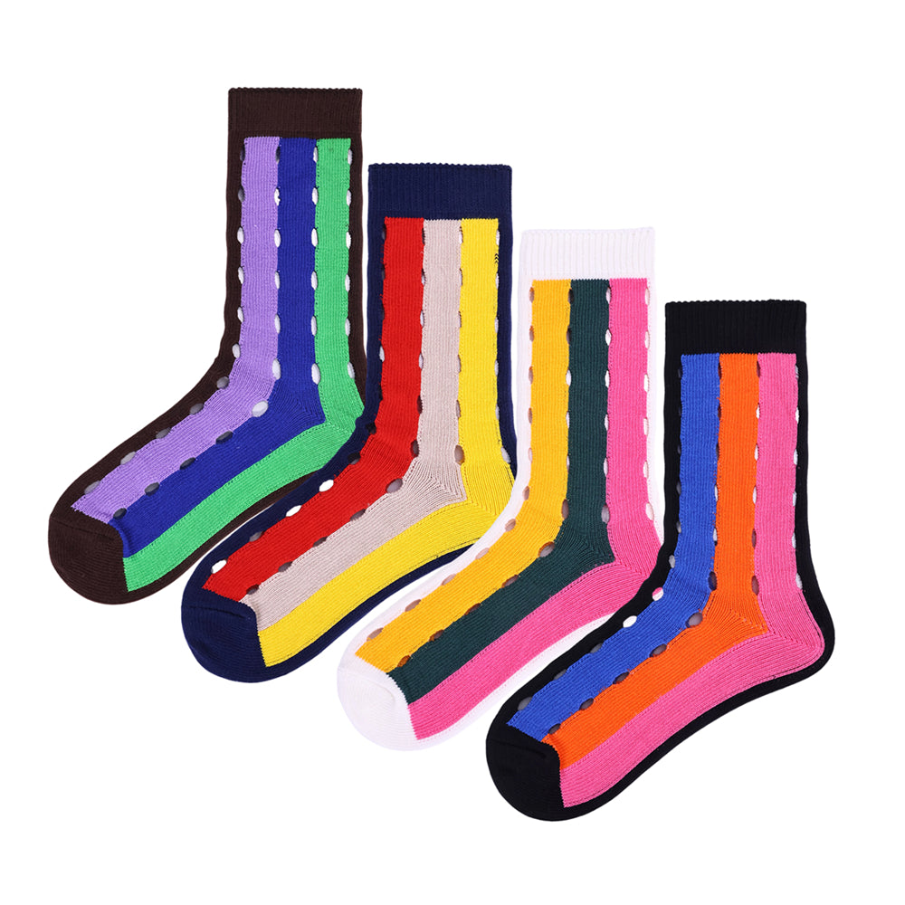 Japanese-style three-color rainbow striped mid-calf socks for women, breathable mesh designs for all seasons, trendy designer style