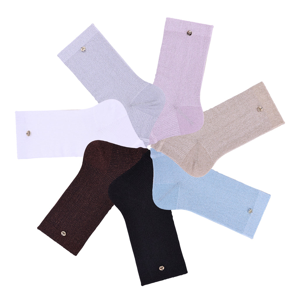 New style women's solid color shiny silk hand-sewn metal pendant mid-calf socks with heel and foot covers, super trendy