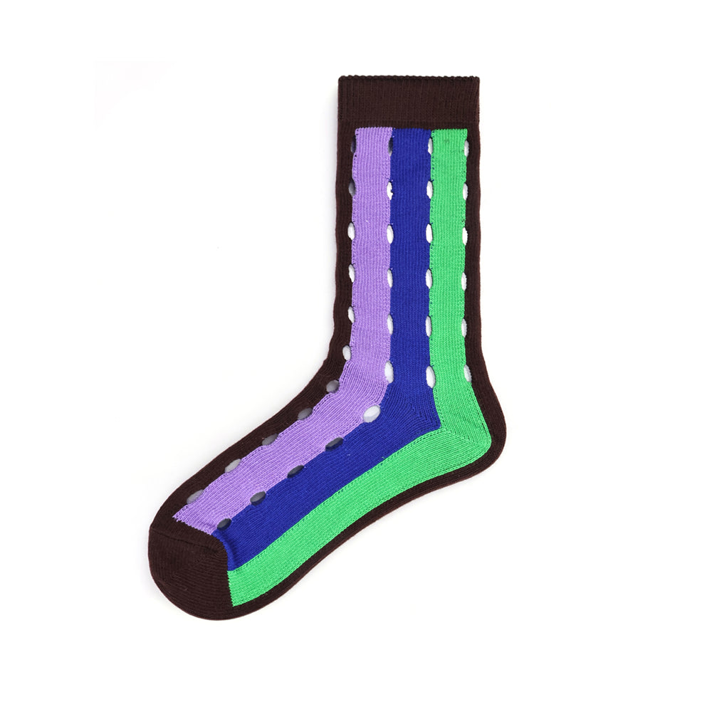 Japanese-style three-color rainbow striped mid-calf socks for women, breathable mesh designs for all seasons, trendy designer style