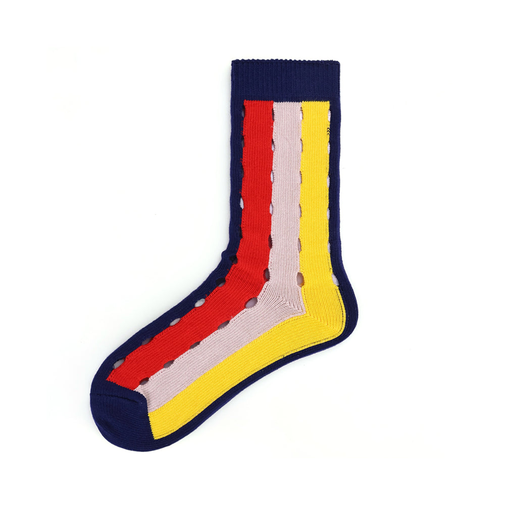 Japanese-style three-color rainbow striped mid-calf socks for women, breathable mesh designs for all seasons, trendy designer style