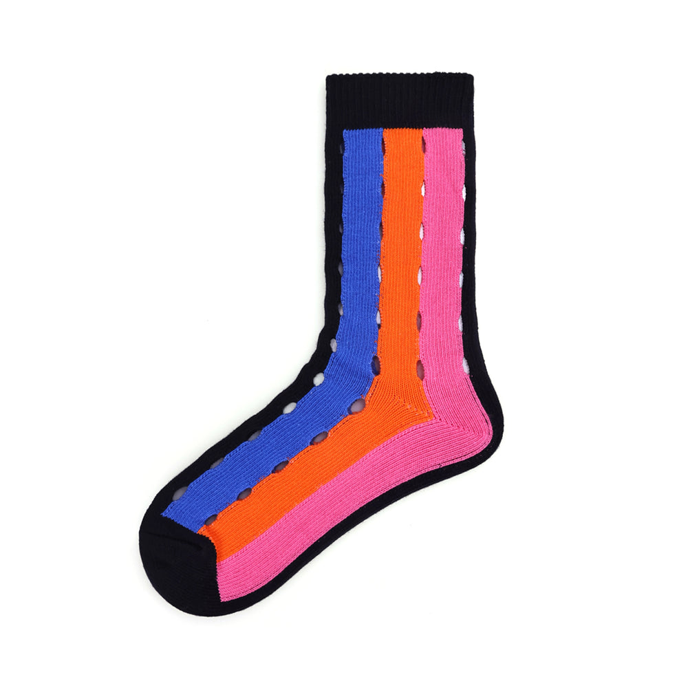 Japanese-style three-color rainbow striped mid-calf socks for women, breathable mesh designs for all seasons, trendy designer style