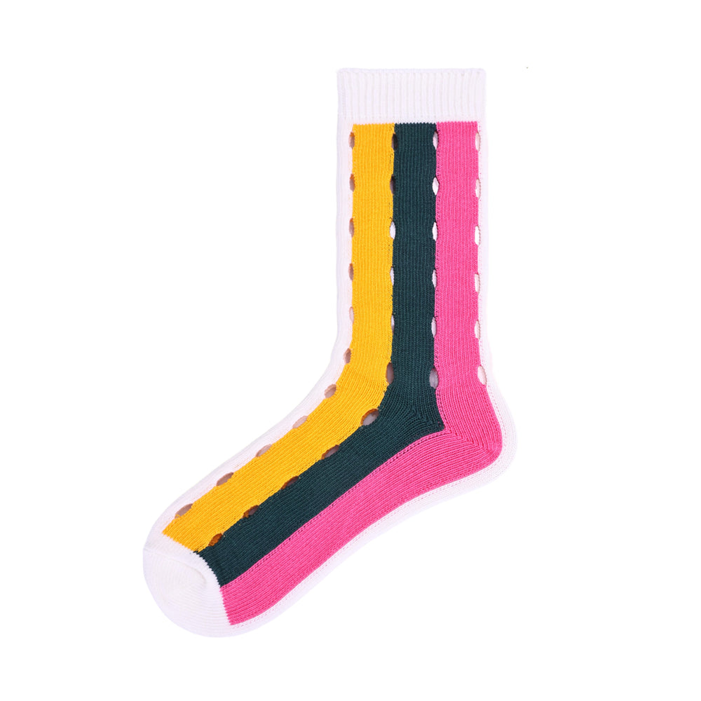 Japanese-style three-color rainbow striped mid-calf socks for women, breathable mesh designs for all seasons, trendy designer style